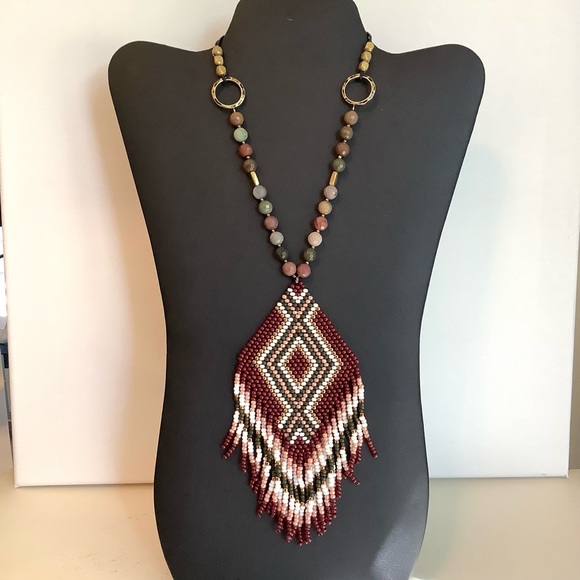 Imperial jasper necklace with handmade beaded fringed pendant - Picture 1 of 3